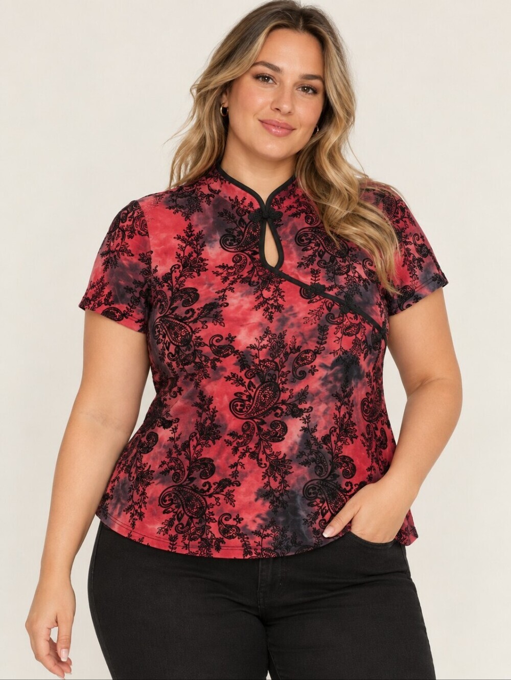 Red & black velvet paisley Top Size L Cheongsam embellished whimsigoth vamp y2k